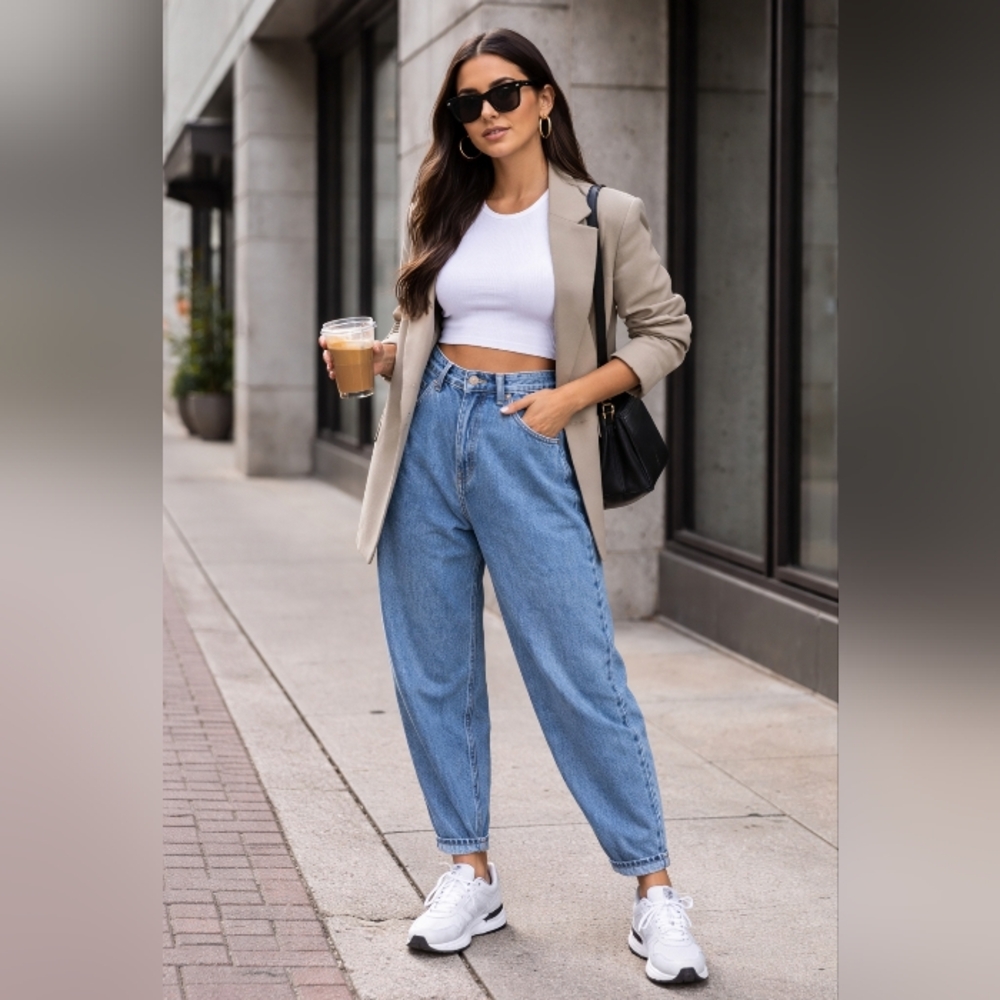 Fashion Nova Balloon Fit Jeans High Waist 100% Cotton Denim Tapered Mom Jeans